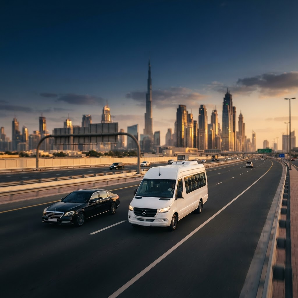 ViaRidez corporate shuttle and executive sedan heading toward the Dubai skyline